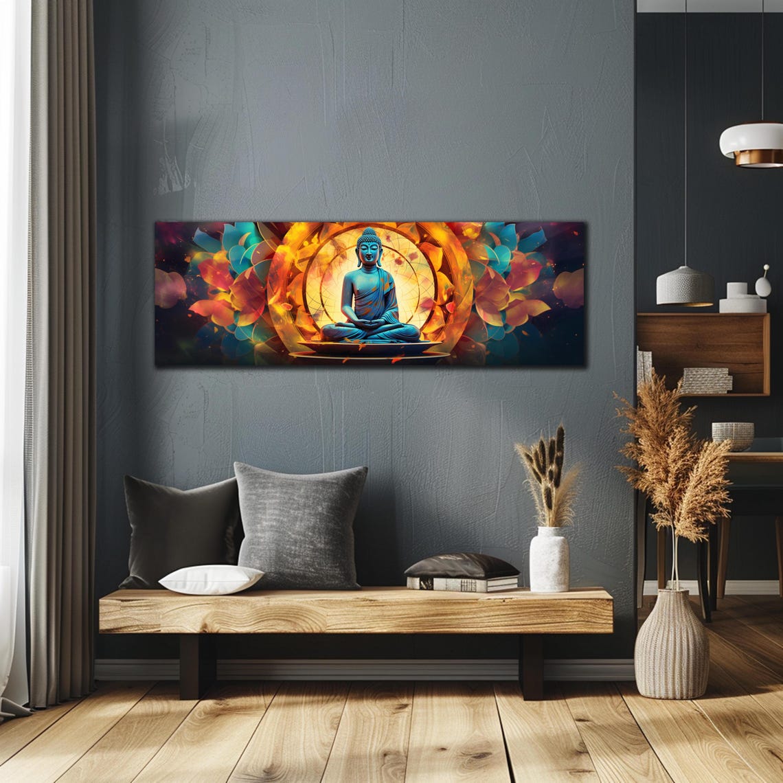 Blue Buddha Fiery Mandala Halo Floating Lotus Panoramic Wall Art - Image 2