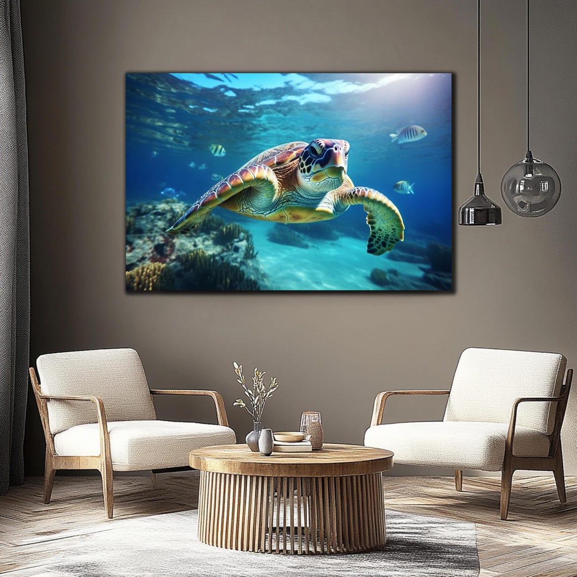 Sea Turtle Gliding Over Coral Reef Fish Turquoise Ocean Wall Art - Image 3