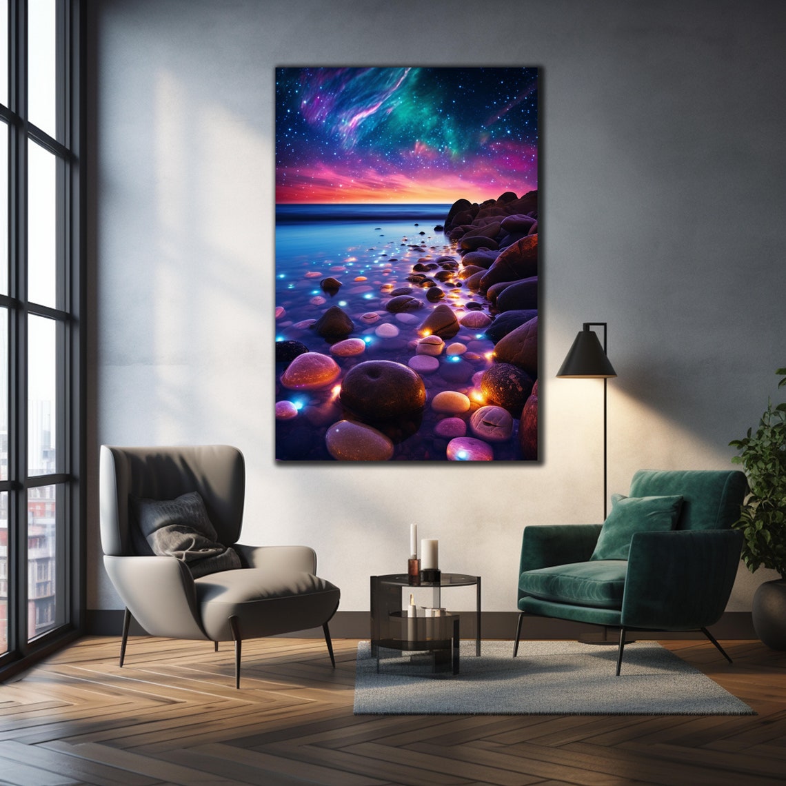 Night Beach Glowing Stones Starry Galaxy Sky Zen Ocean Art Poster - Image 3