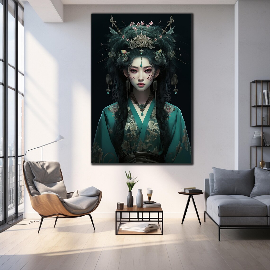 Teal Kimono Geisha Portrait Ornate Hair Dark Elegant Art Wall Poster - Image 3