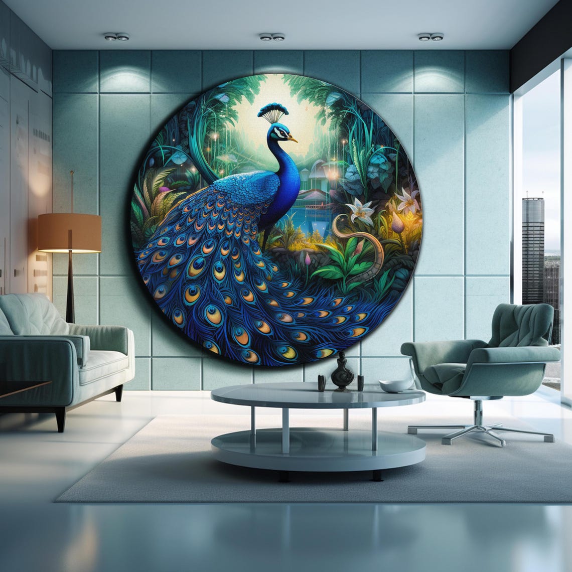 Peacock Jungle Garden Full Tail Feathers Tropical Paradise Wall Art - Image 2