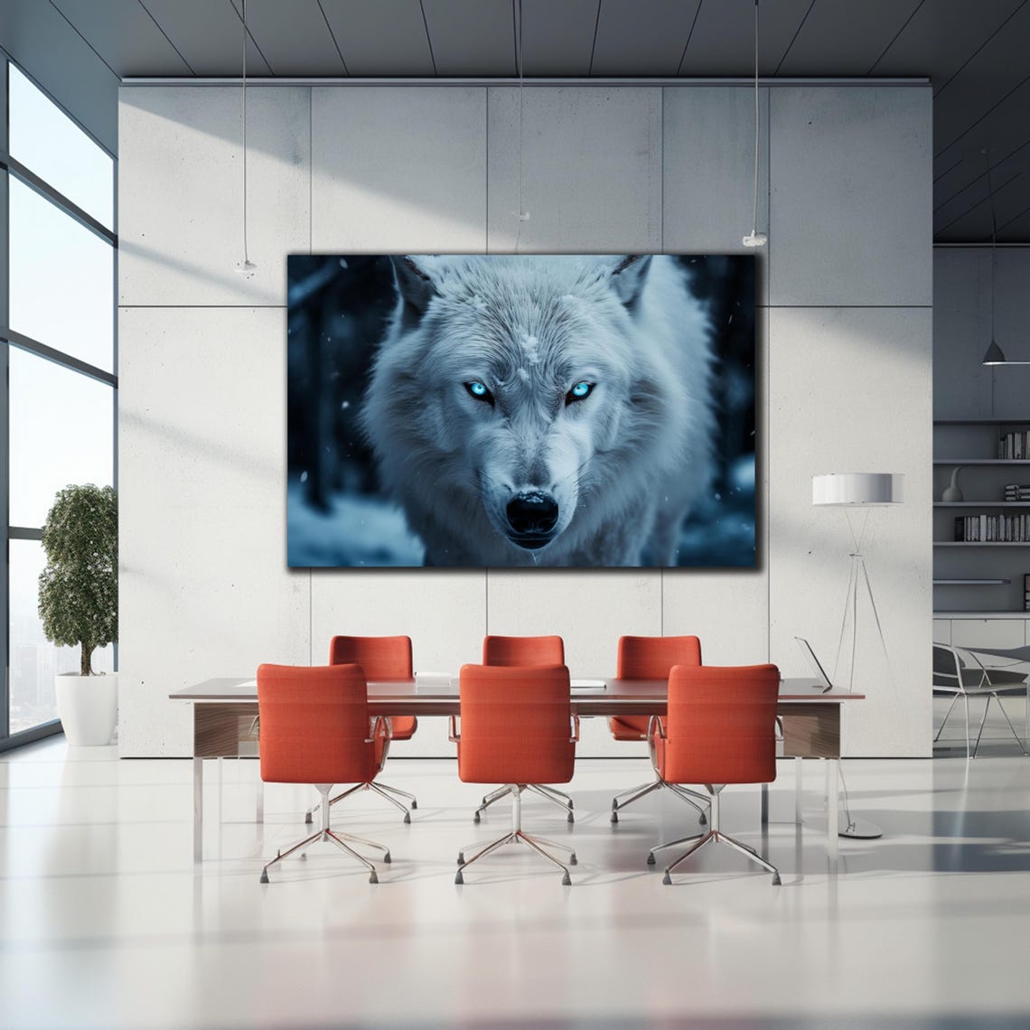 Dramatic Gray Wolf Piercing Cyan Eyes Snowy Forest Close Up Wall Art - Image 2
