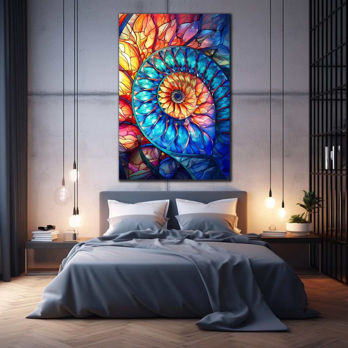 Nautilus Shell Spiral Stained Glass Art Teal Orange Seashell Poster - Image 2