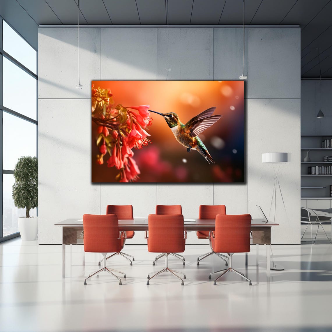 Bronze Hummingbird Red Trumpet Blooms Golden Bokeh Nature Poster - Image 2