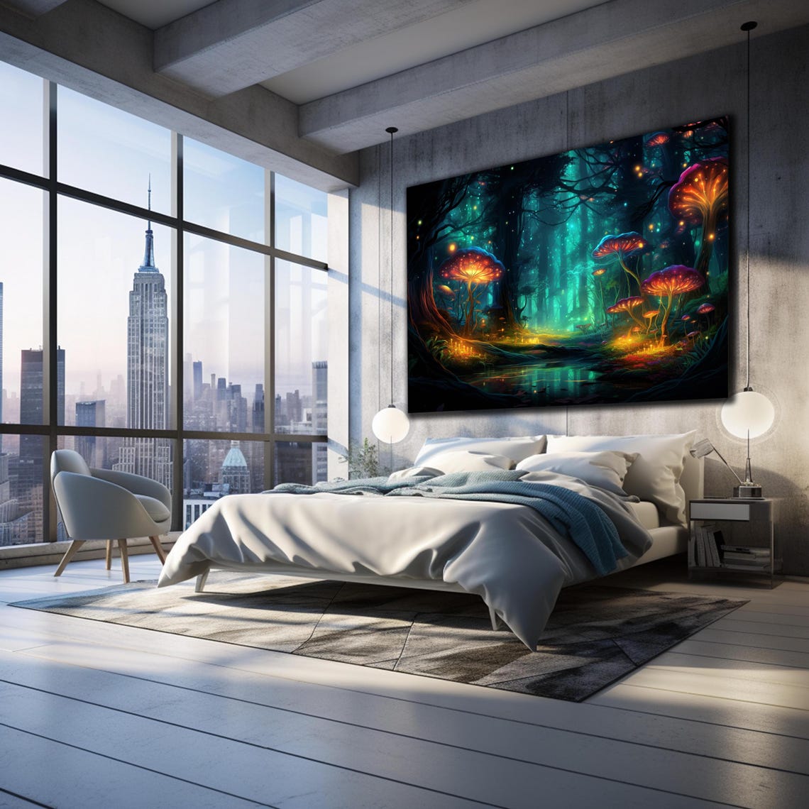 Fantasy Glowing Mushroom Forest Neon Teal Firefly Night Wall Art - Image 3