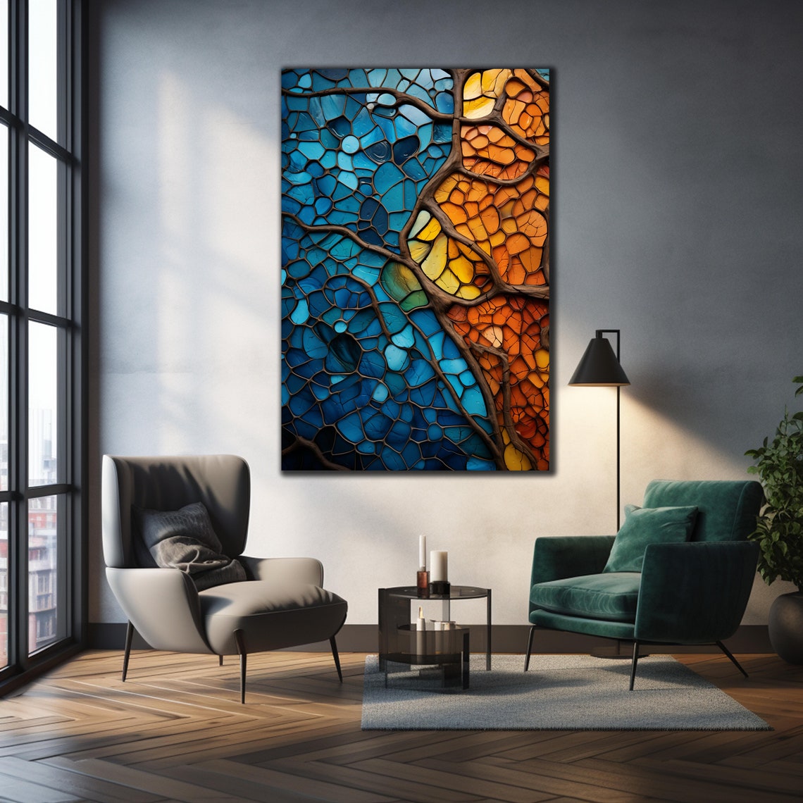 Blue Orange Stained Glass Mosaic Tree Branches Abstract Wall Poster - Image 4