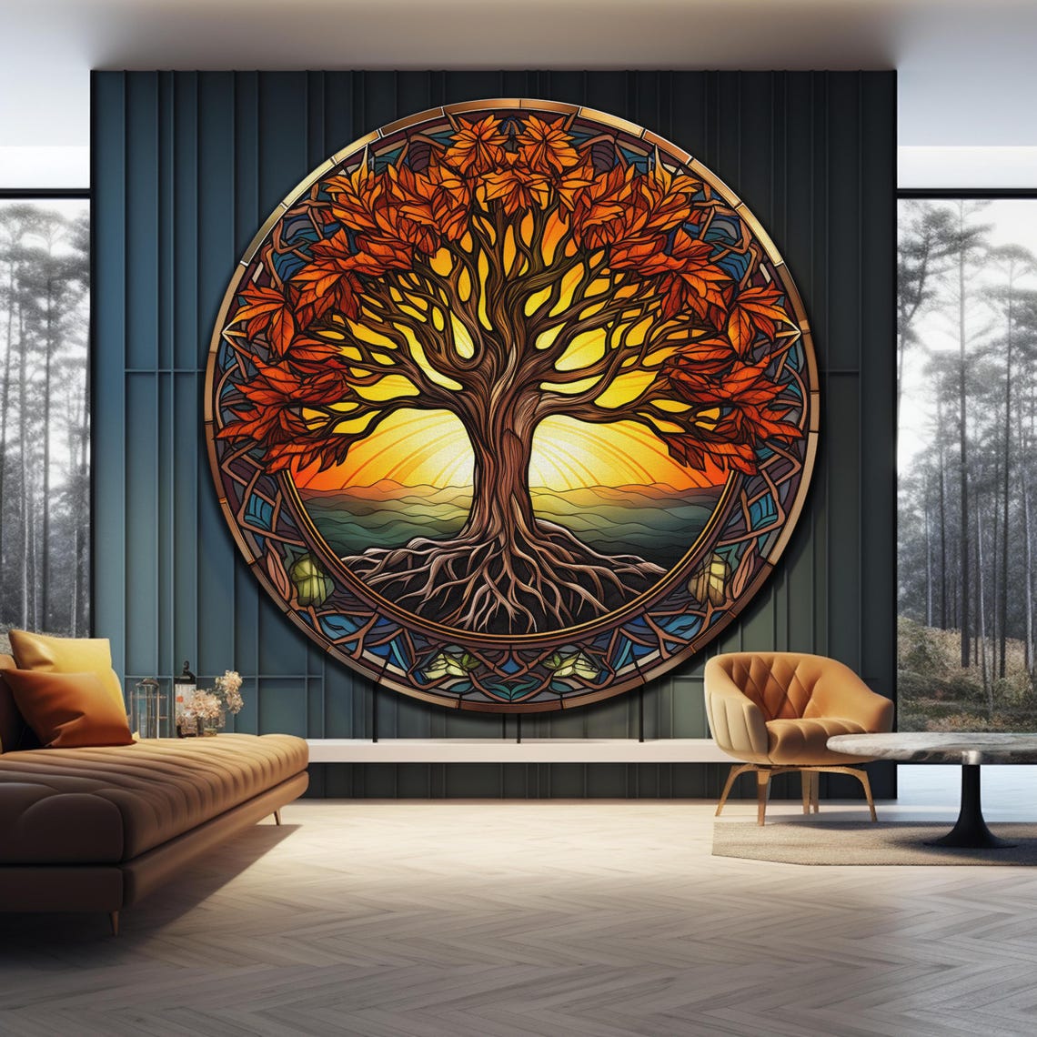 Tree of Life Round Stained Glass Autumn Leaves Sunrise Wall Art Poster - Image 3