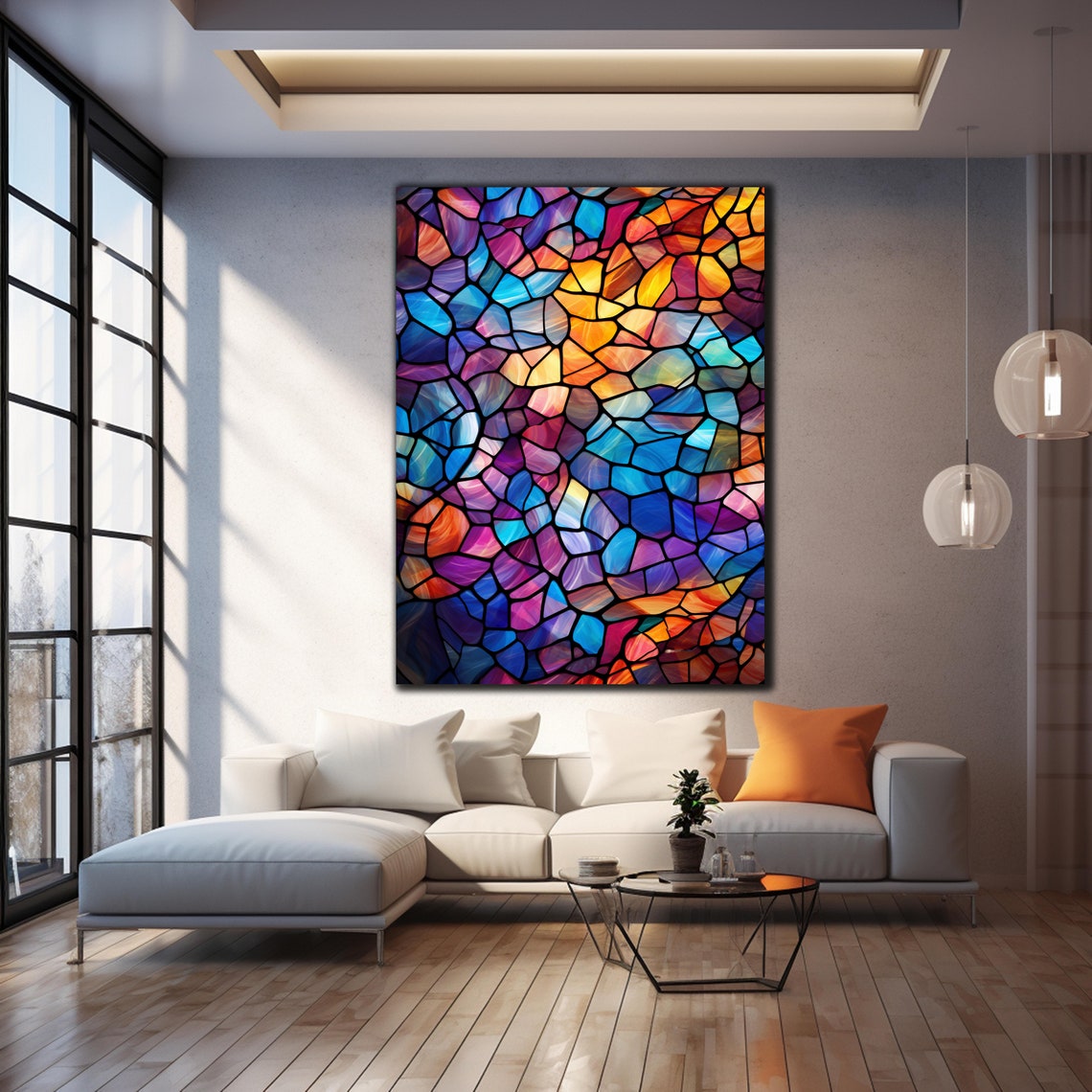 Colorful Stained Glass Mosaic Abstract Blue Orange Art Wall Poster - Image 3