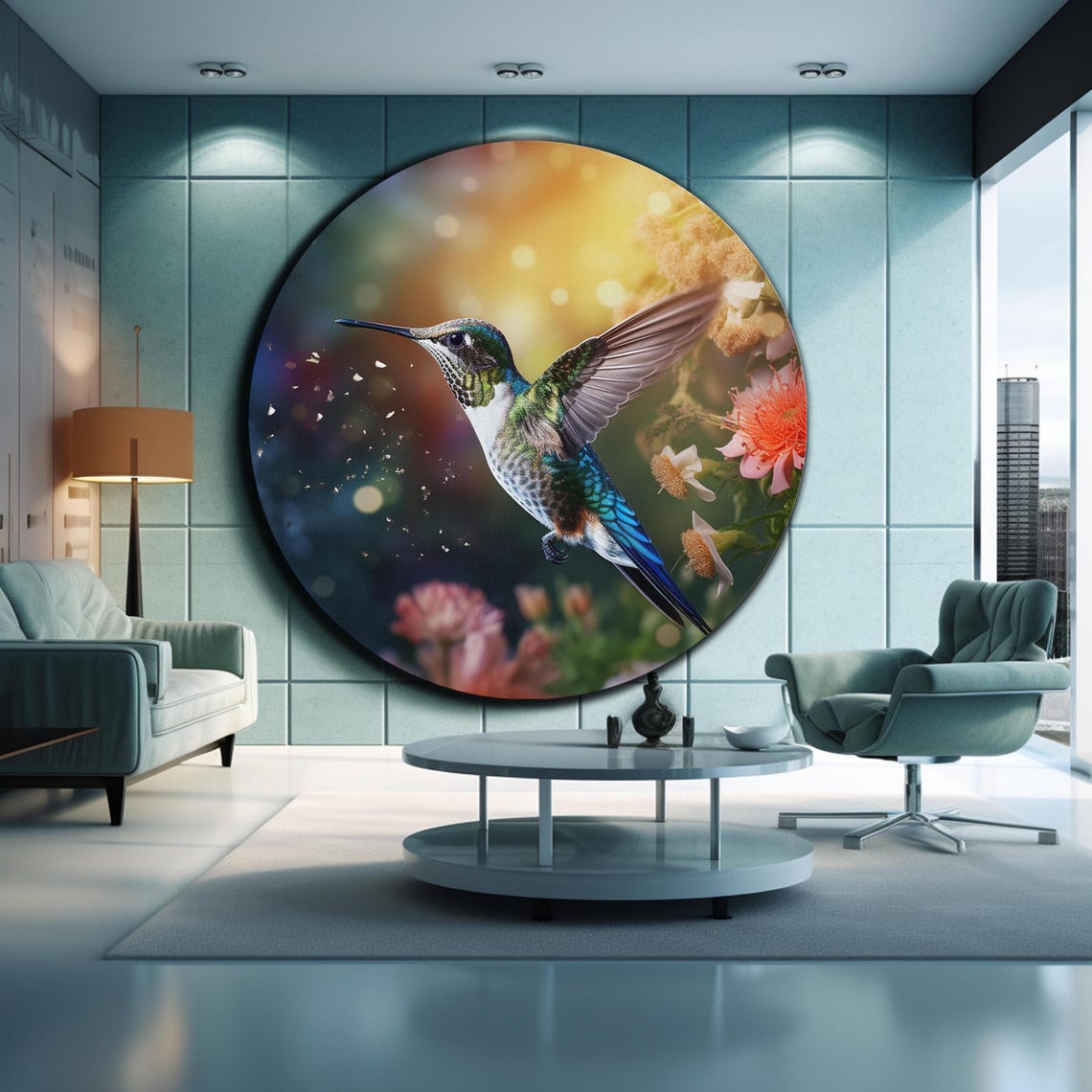 Hummingbird Flight Iridescent Green Flowers Golden Glow Round Wall Art - Image 2