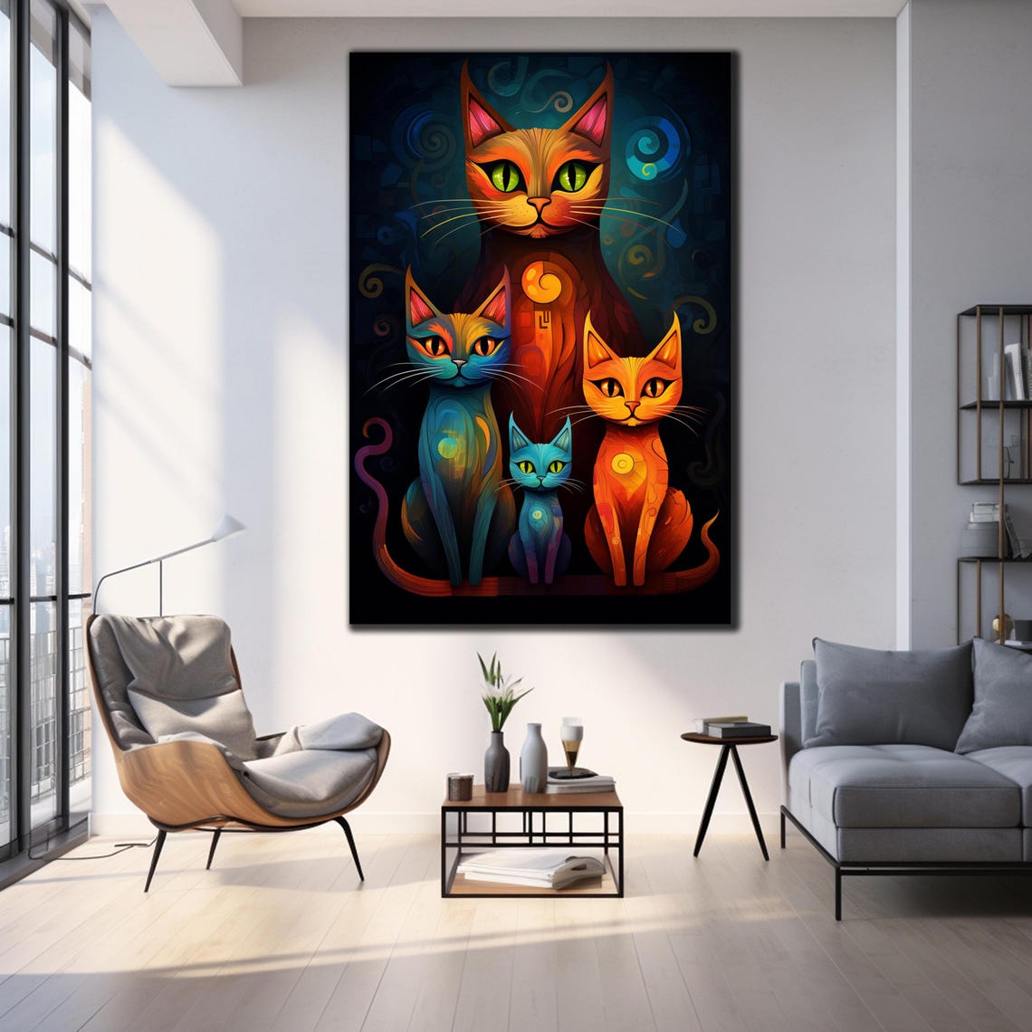 Four Colorful Stylized Cats Vibrant Family Portrait Cat Lover Poster - Image 3