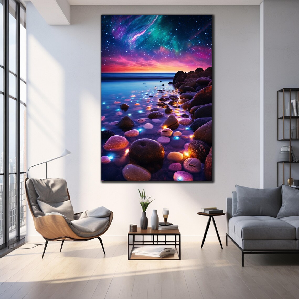 Night Beach Glowing Stones Starry Galaxy Sky Zen Ocean Art Poster - Image 4