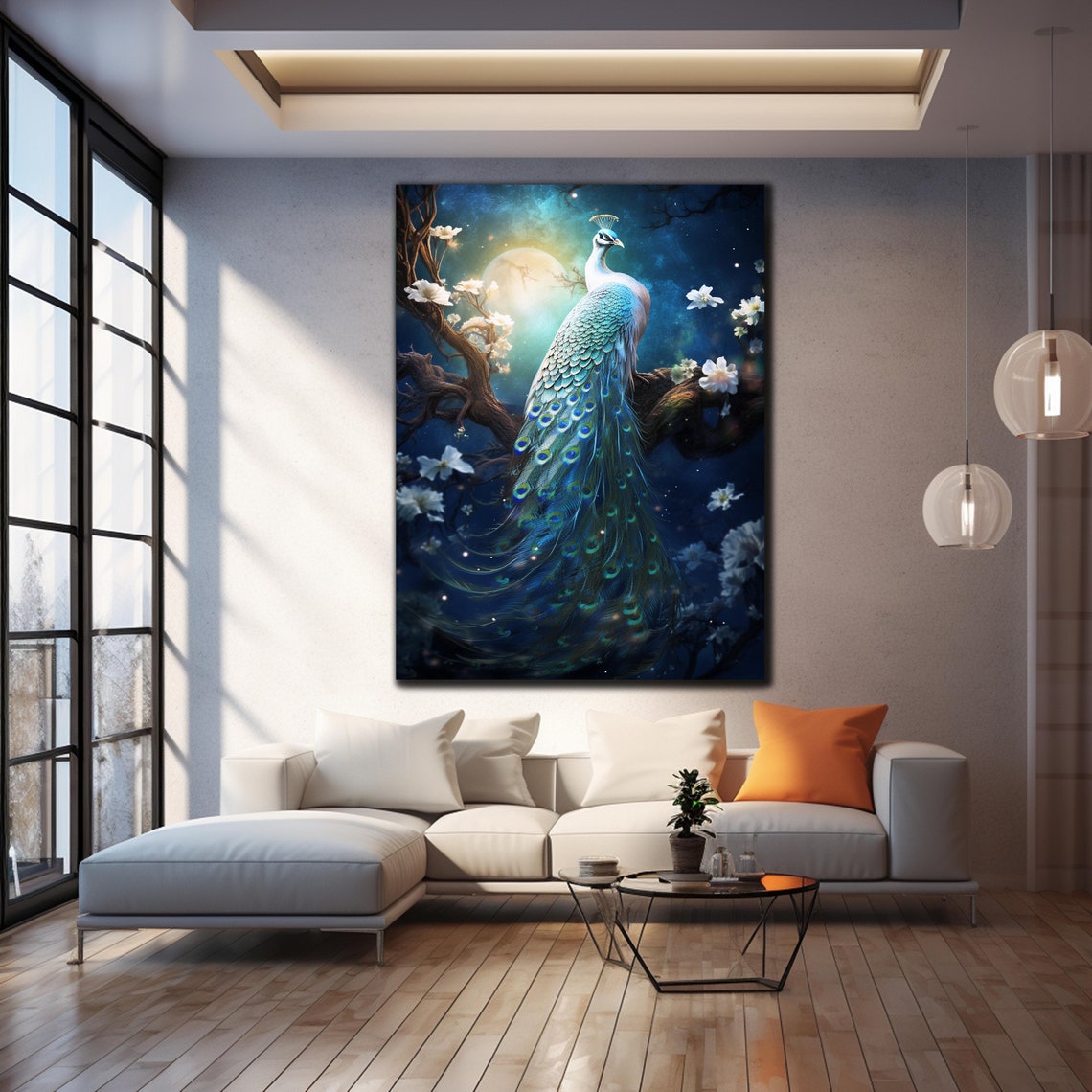 White Peacock Moonlight Night Blossom Tree Elegant Animal Wall Poster - Image 4