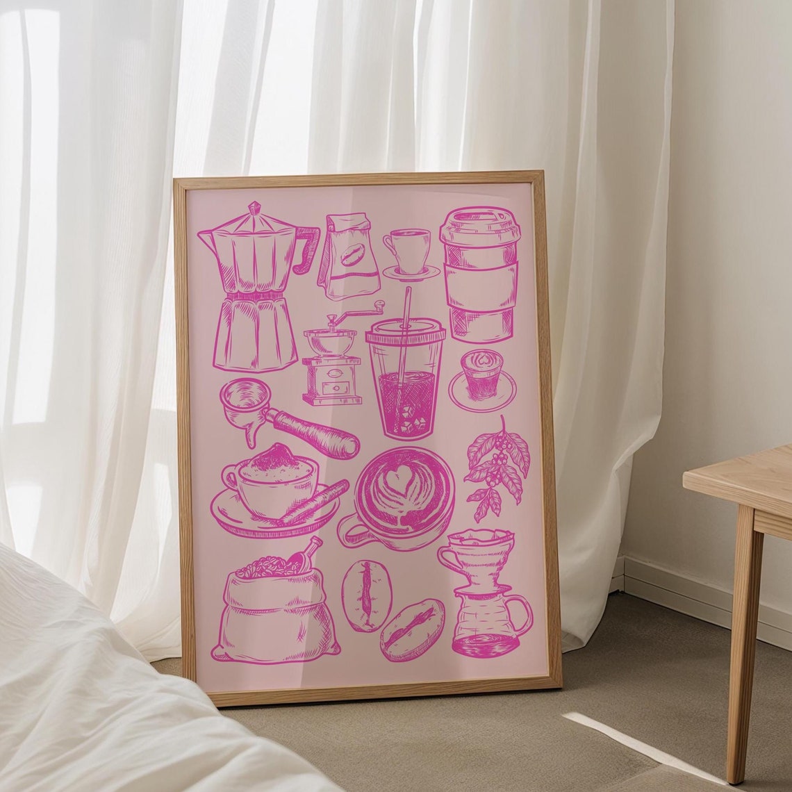 Pink Coffee Collage Line Art Kitchen Bar Sketch Girly Art Poster