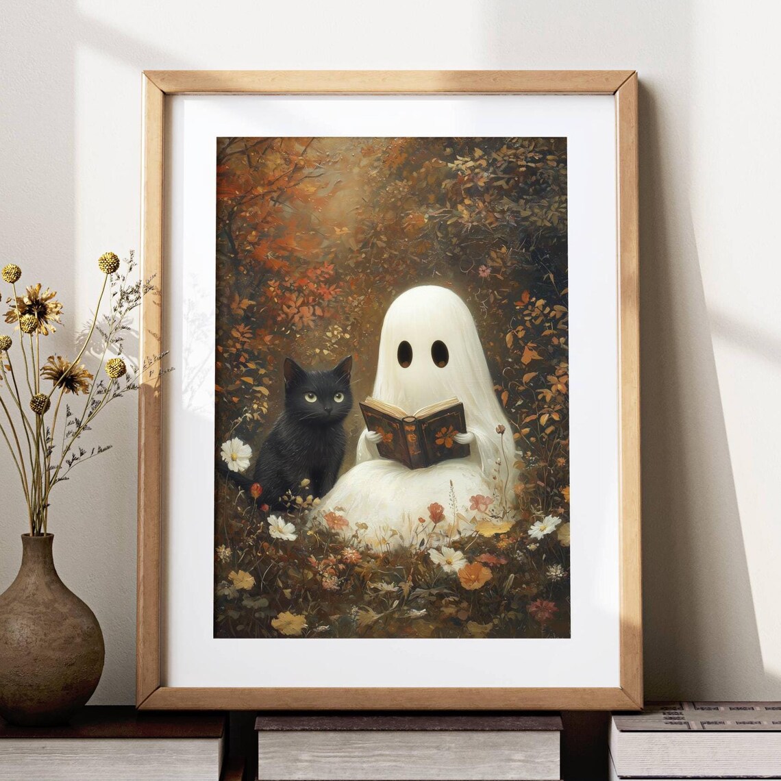 Cute Ghost Reading With Black Cat, Whimsigoth Poster