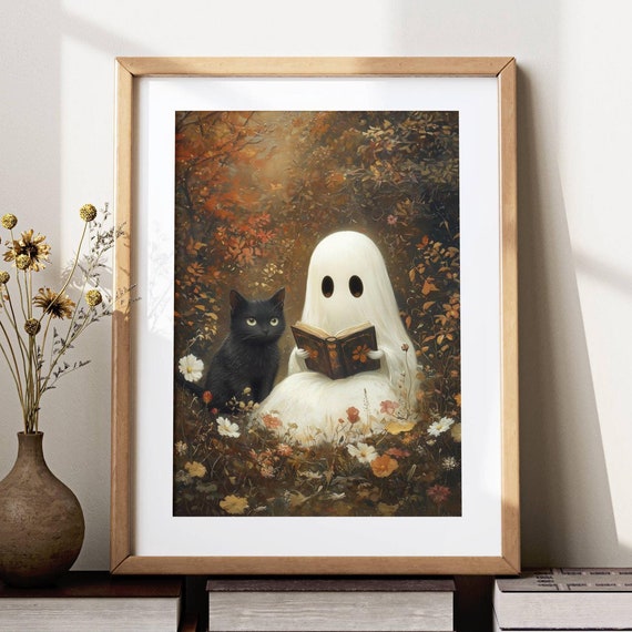 Cute Ghost Reading With Black Cat, Whimsigoth Poster