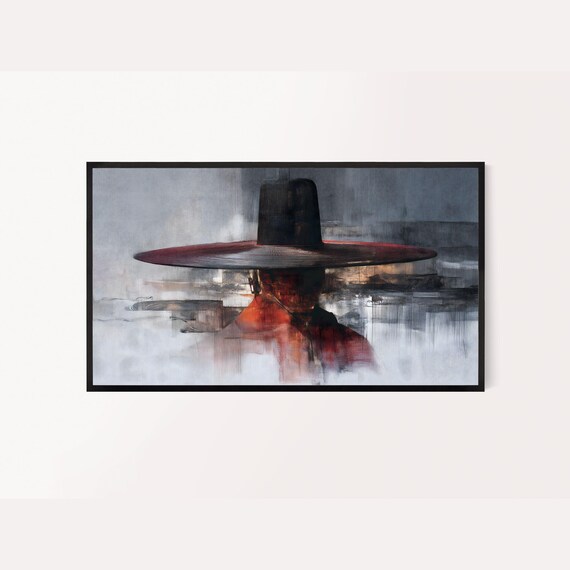 Korean Frame Tv Art Hanbok Gat Semi Abstract Painting Red White And Gray Colors