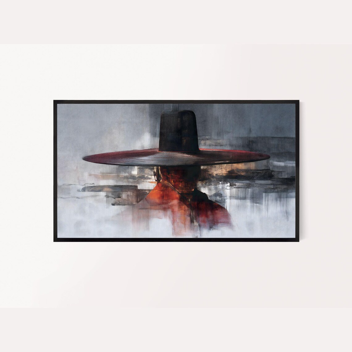 Korean Frame Tv Art Hanbok Gat Semi Abstract Painting Red White And Gray Colors