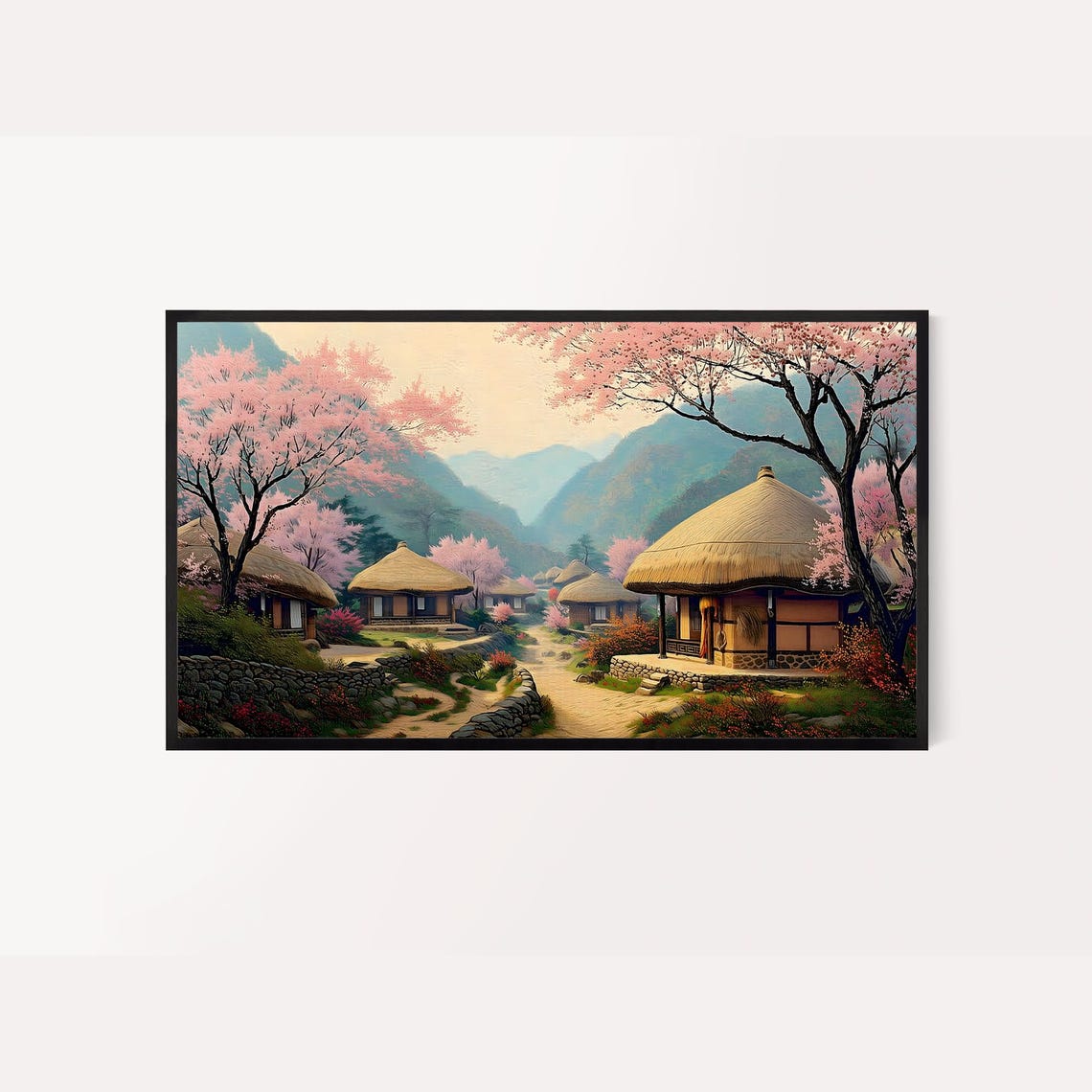 Korean Hanok Village Spring Cherry Blossoms Thatched Roofs Art Poster