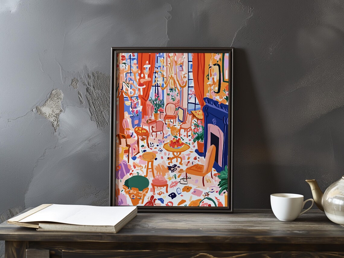 Sunlit Living Room Interior with Fireplace Fauvist Art Poster