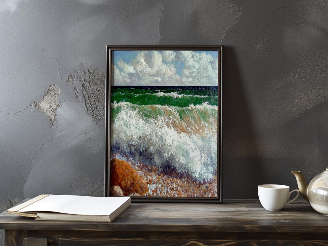 Foaming Ocean Breaker Washing Over a Rocky Pebble Shore Poster