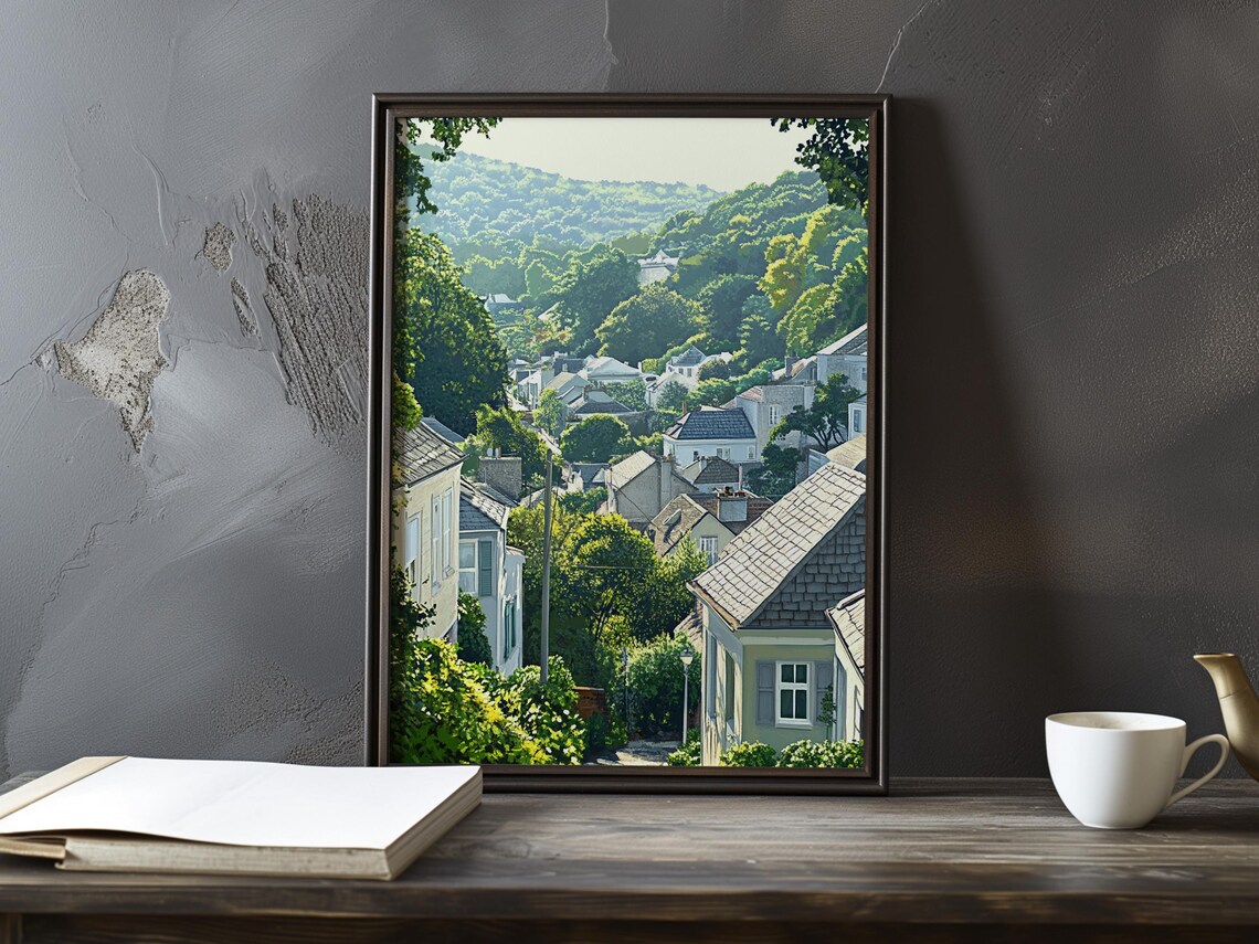 Village Nestled in Lush Green Hills Seen from Above Fine Art Poster