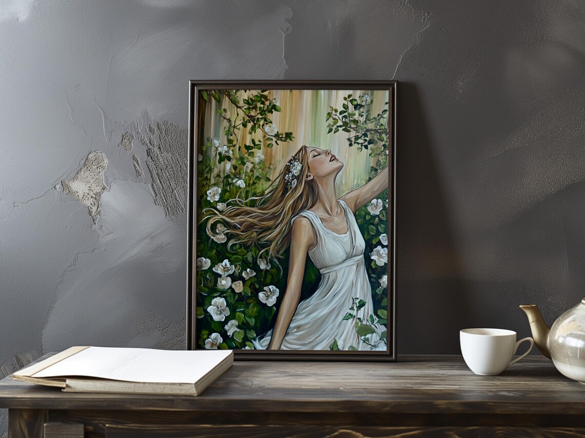 Woman White Dress Arms Raised White Blossoms Joyful Garden Poster