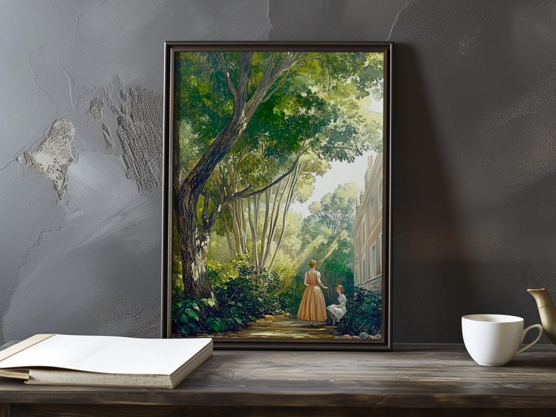 Two Women At A Tree-Lined Path Beside A Country House Poster