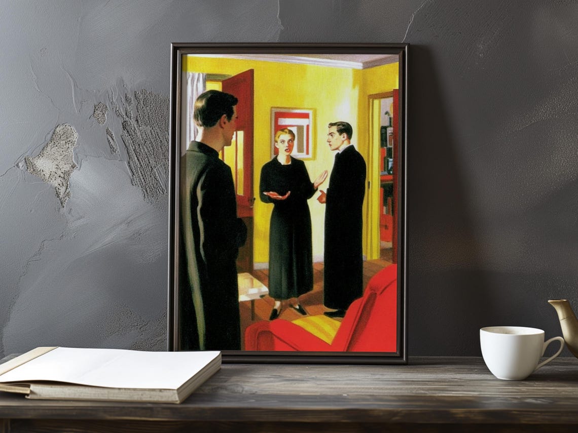 Dramatic Interior Confrontation Three Figures Yellow Room Art Poster