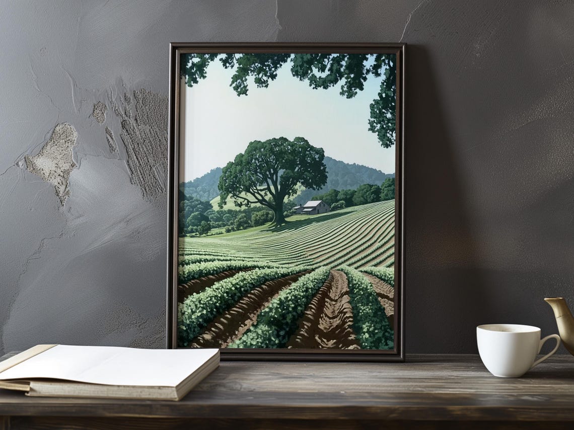Lone Oak Tree Above a Vineyard Hill with a Distant Barn Poster