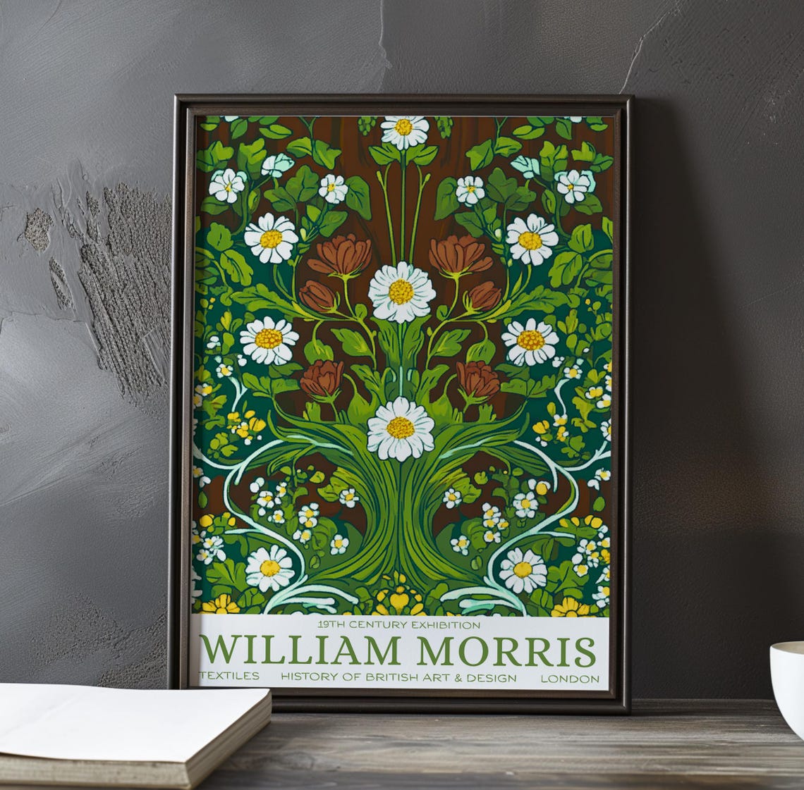 William Morris White Daisies and Rust Red Buds Art Nouveau Poster