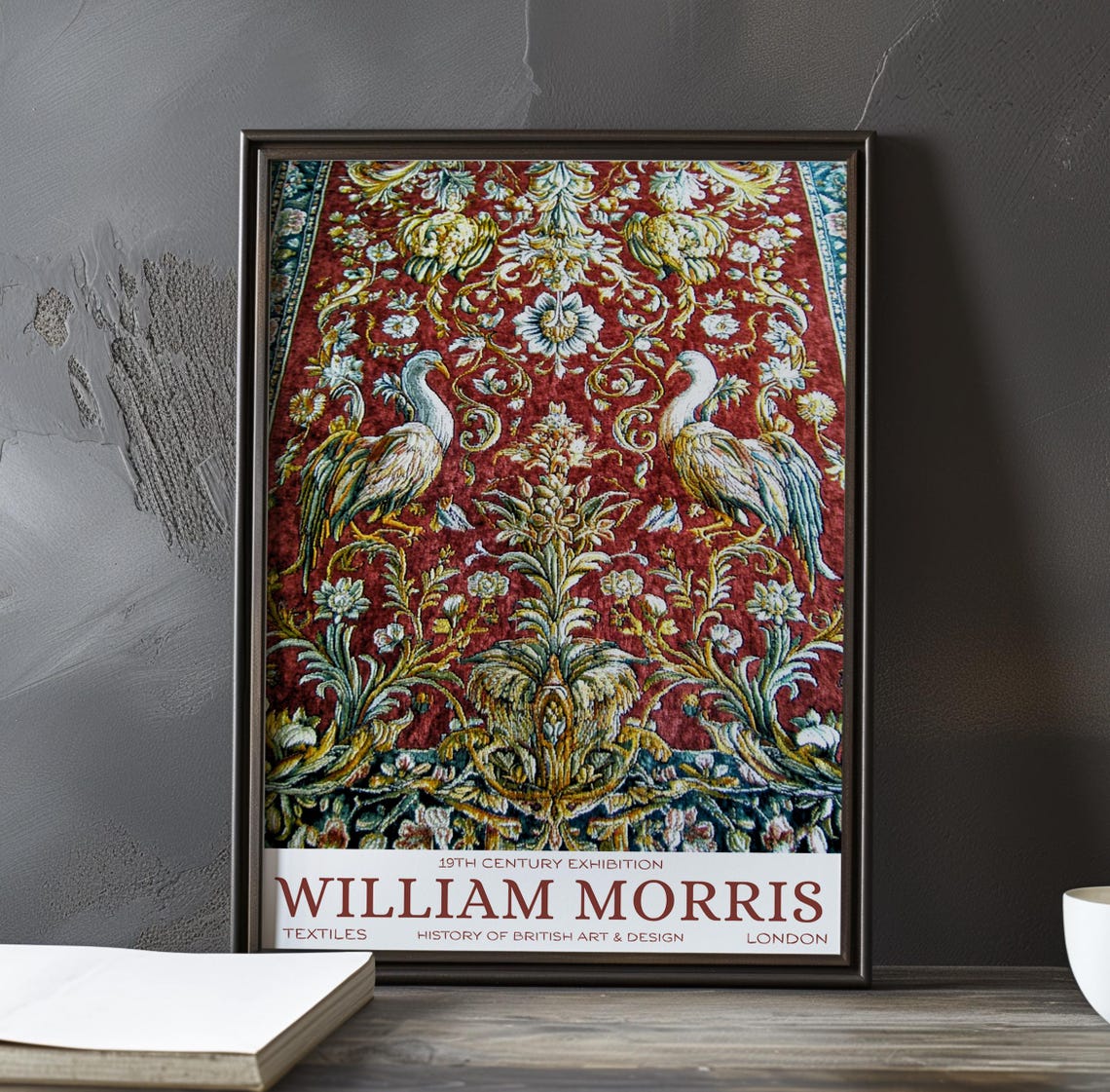 William Morris Twin Cranes Red Floral Tapestry Exhibition Poster