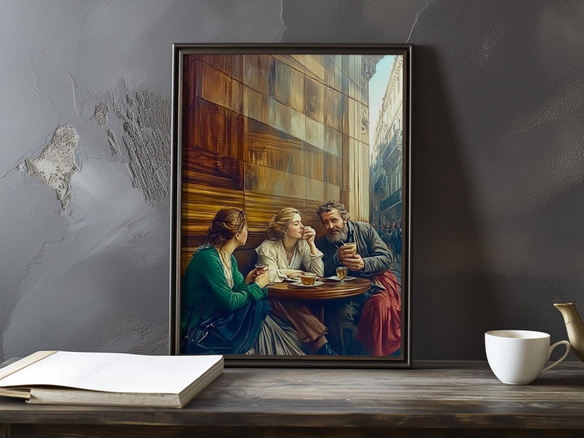 Friends Sharing Drinks At A Sunlit Old Street Cafe Table Poster