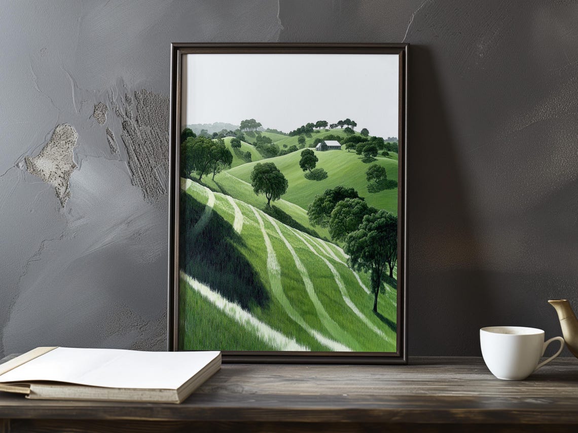 Green Rolling Hills with Rows and a Distant Farmhouse Poster