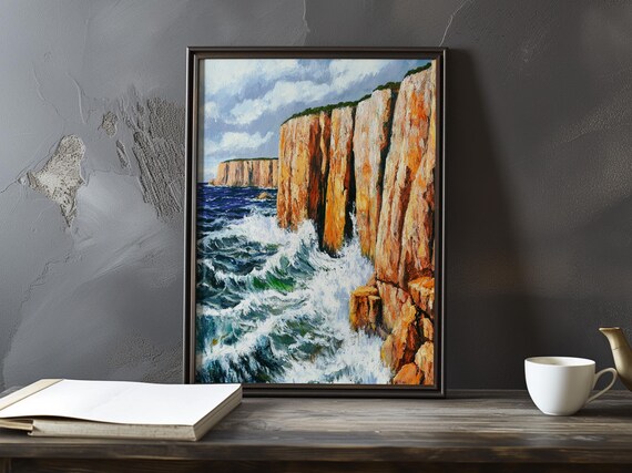 Orange Sandstone Cliffs Battered By Crashing Ocean Waves Poster