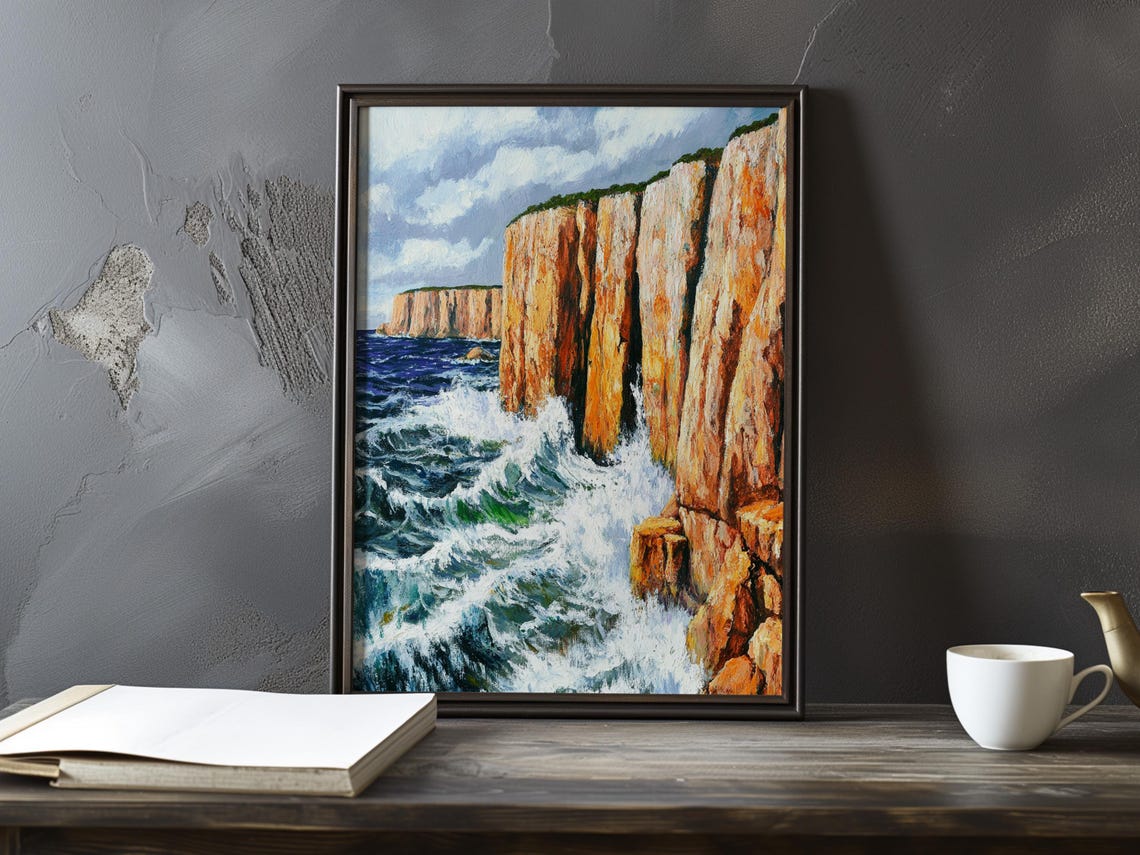 Orange Sandstone Cliffs Battered By Crashing Ocean Waves Poster