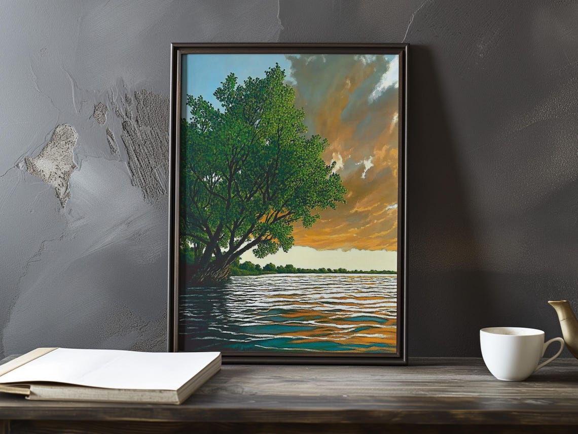 Leaning Green Tree Over a Golden Sunset River Impressionist Poster