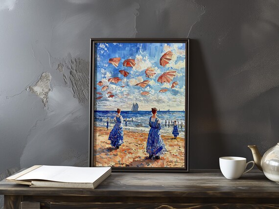 Flying Umbrellas Over a Beach Impressionist Whimsical Art Poster