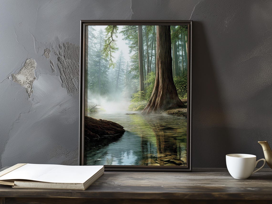 Misty River Flowing Peacefully Through Towering Redwood Trees Poster