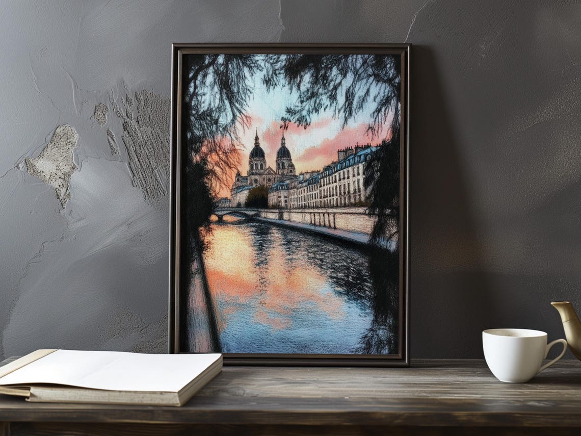 Paris Seine River Skyline at Dawn Impressionist Cityscape Poster