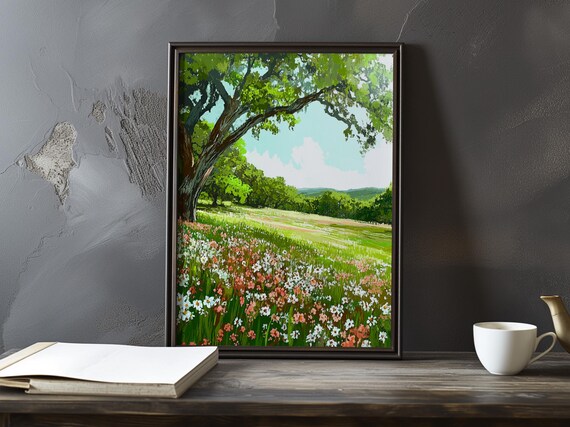 Pink And White Wildflower Meadow Under A Great Oak Tree Poster