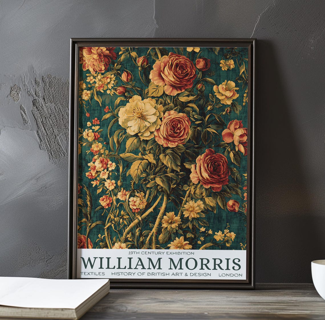 William Morris Lush Painterly Coral Roses on Teal Ground Poster