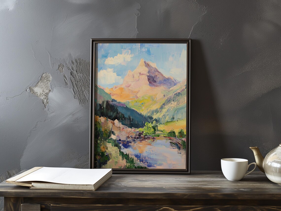 Cezanne-Inspired Pink Mountain Peak Above a Calm Lake Poster