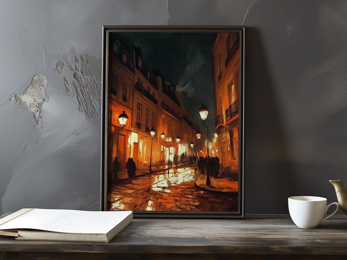 Rainy Parisian Boulevard at Night with Glowing Street Lamps Art Poster