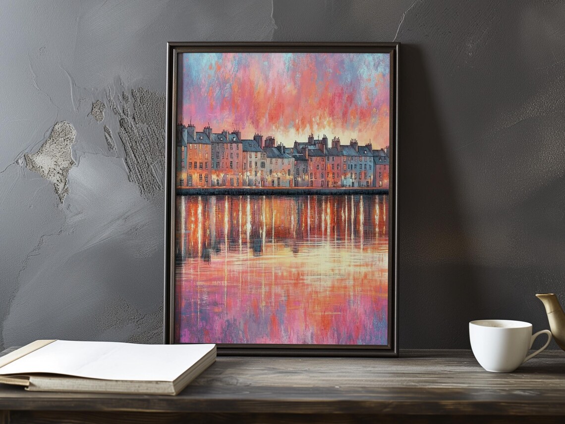 Waterfront Townhouses Glowing Under A Pink Sunset Sky Poster