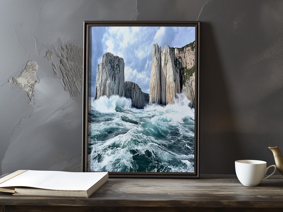 Towering White Sea Cliffs Battered by Crashing Waves Impressionist Poster