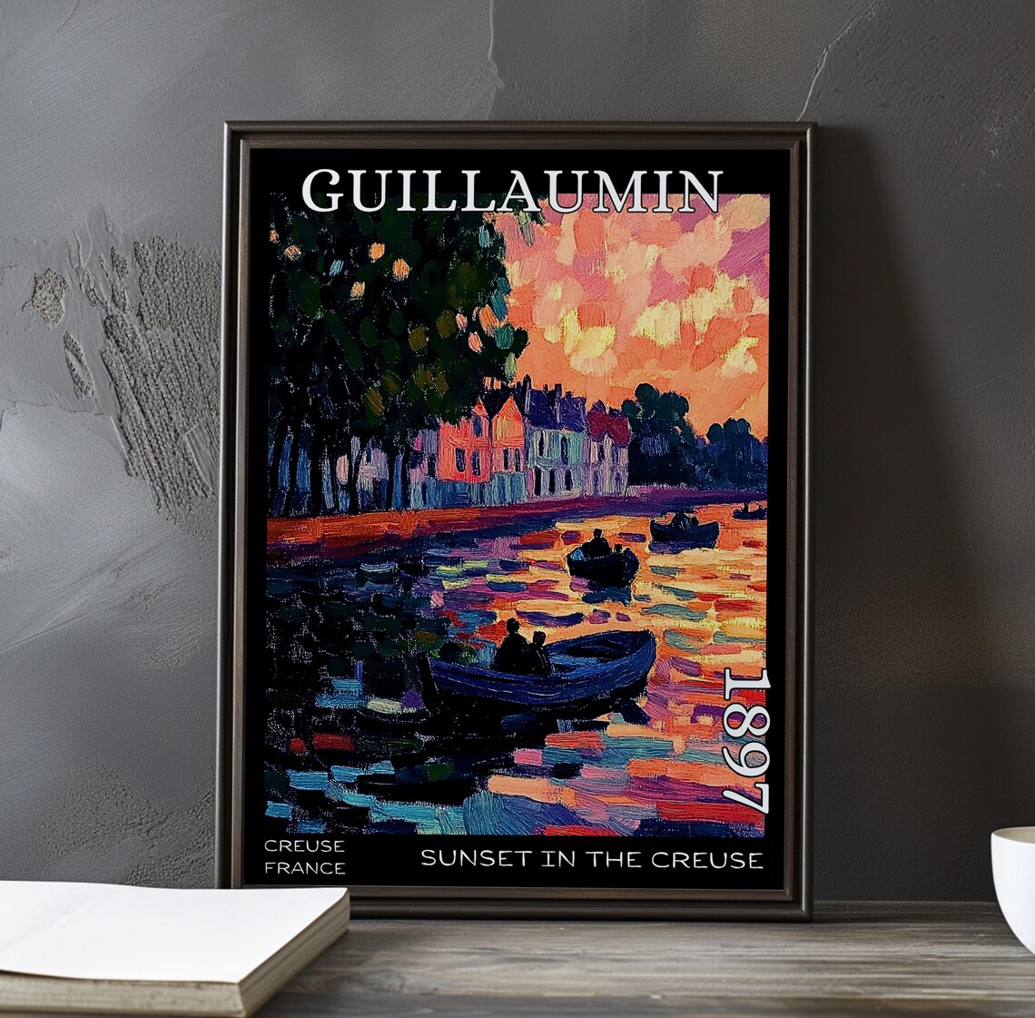 Guillaumin Blazing Sunset River Boats and Houses 1897 Art Poster