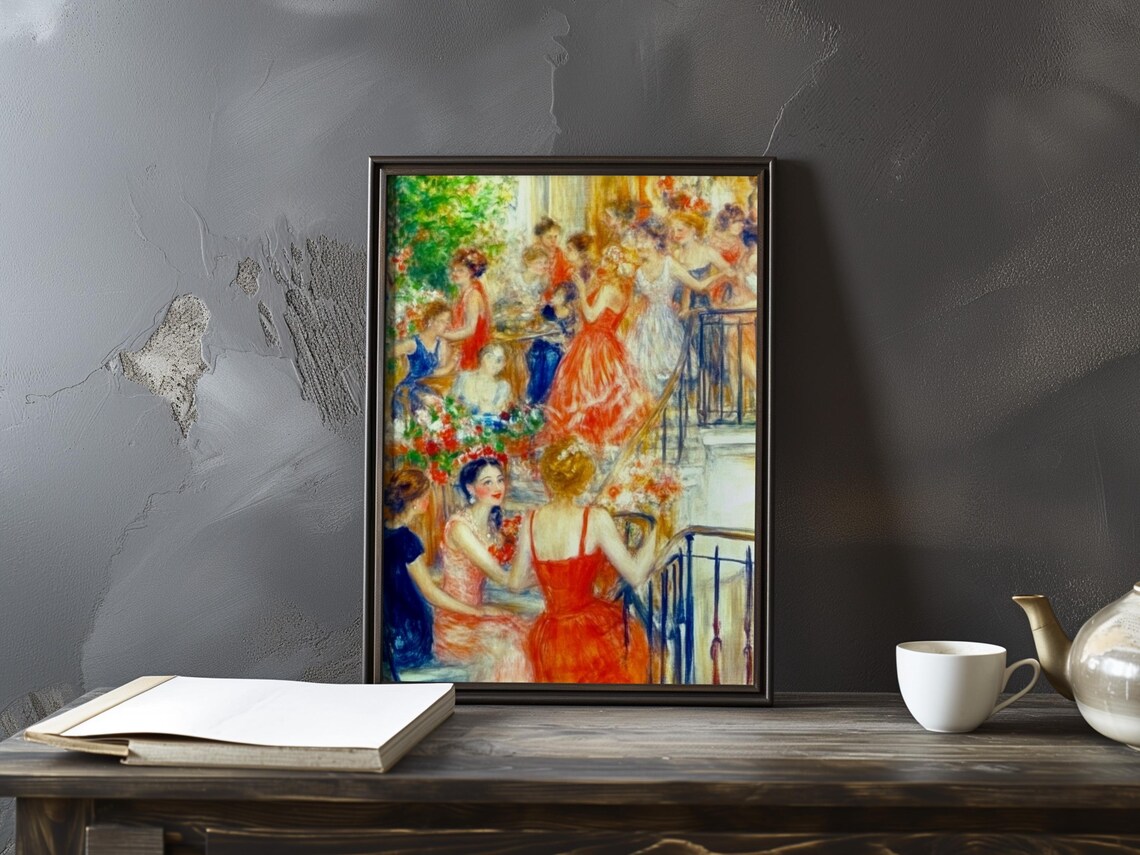 Women In Red Gowns At A Lively Flower Filled Garden Party Poster