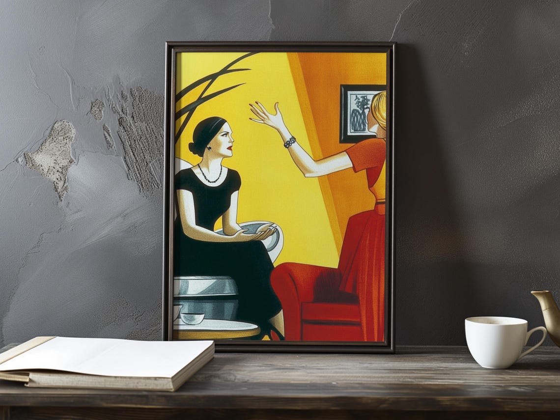 Art Deco Two Women Conversation Black and Red Dresses Poster