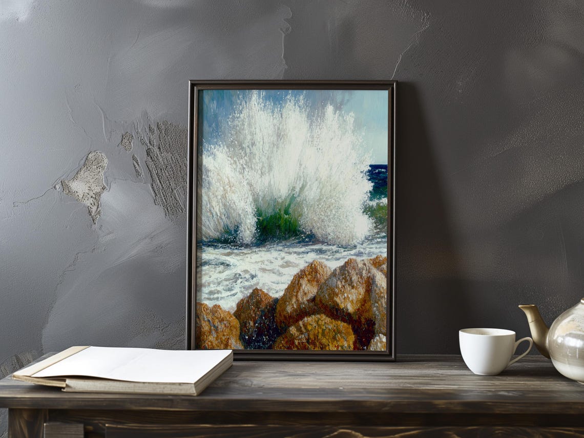 Ocean Wave Crashing Over Sunlit Rocks Impressionist Seascape Poster
