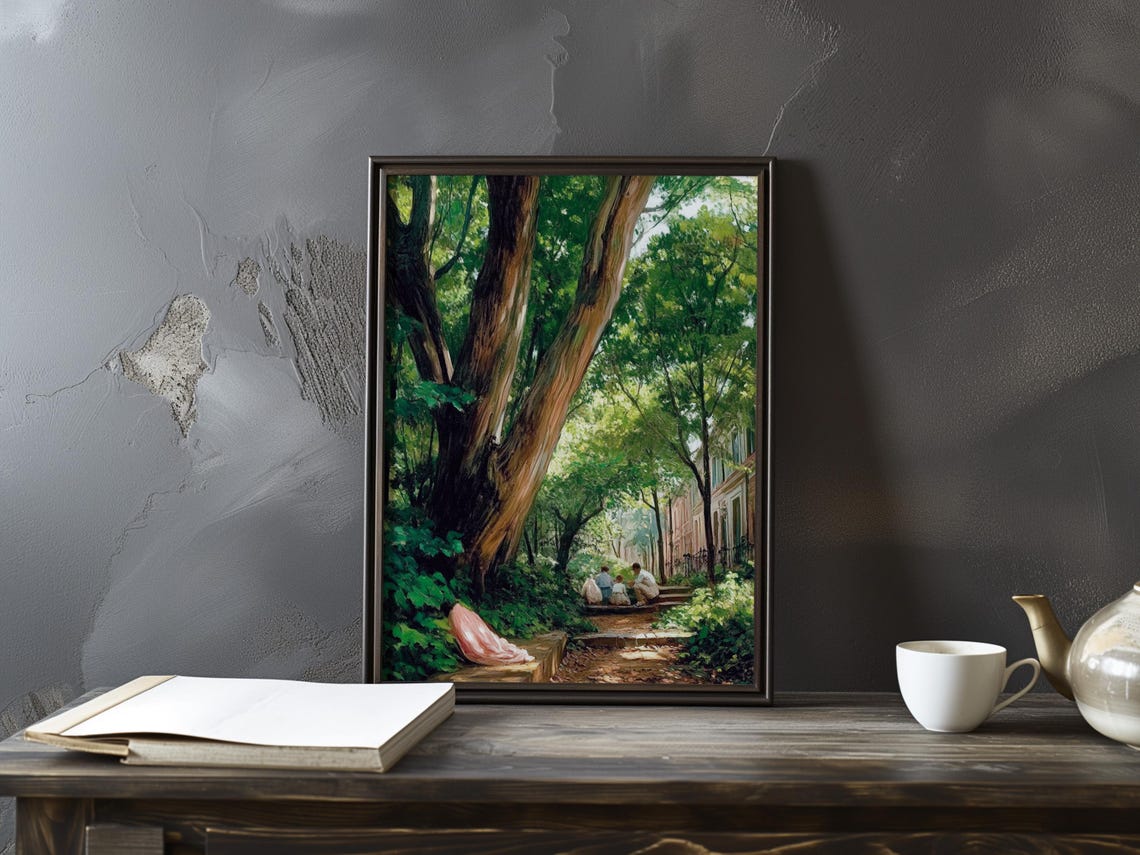 Sunlit Park Path with Tall Trees and Figures Impressionist Art Poster